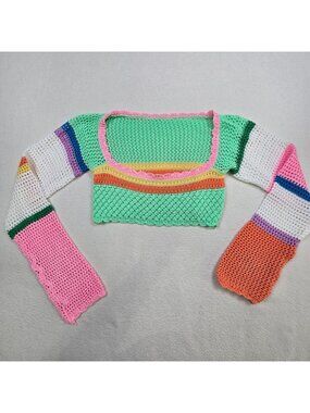Colorful Crochet Long Sleeve Cropped Sweater Multicolor Small Festival Boho